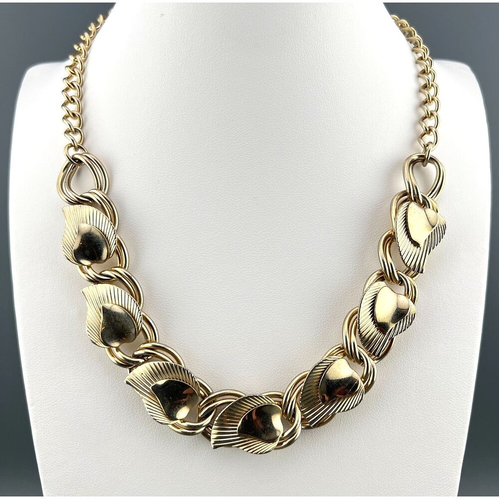Vintage Collar Necklace Gold Tone Leaf Link Textured Layered Chunky Retro 16"